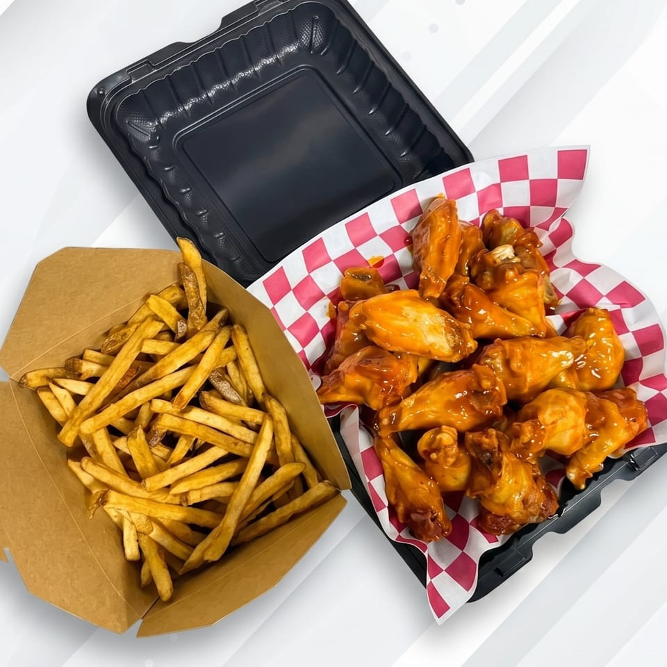 Takeout containers with golden french fries and saucy chicken wings on a checkered paper liner.