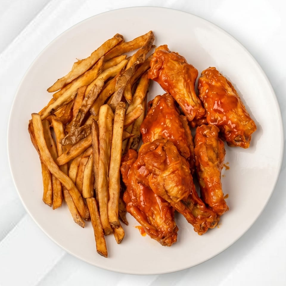 A white plate holds a generous serving of crispy french fries and buffalo chicken wings.