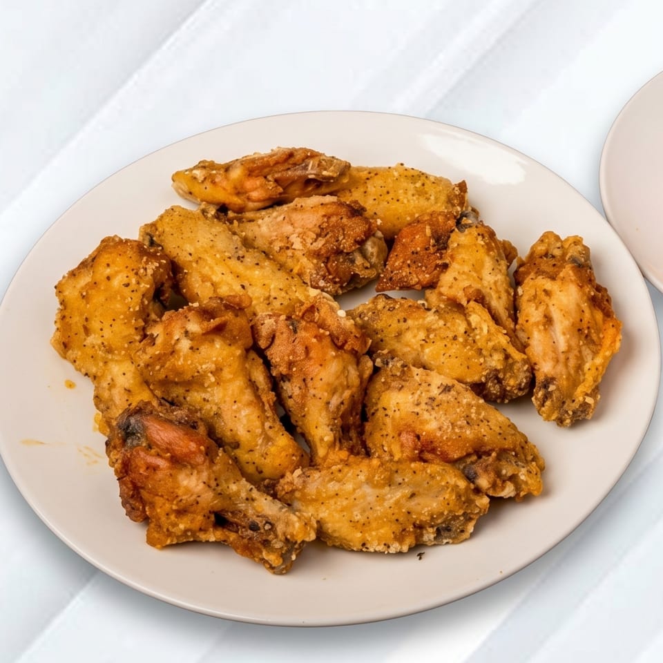 A white plate piled high with crispy, golden-brown chicken wings seasoned with black pepper.