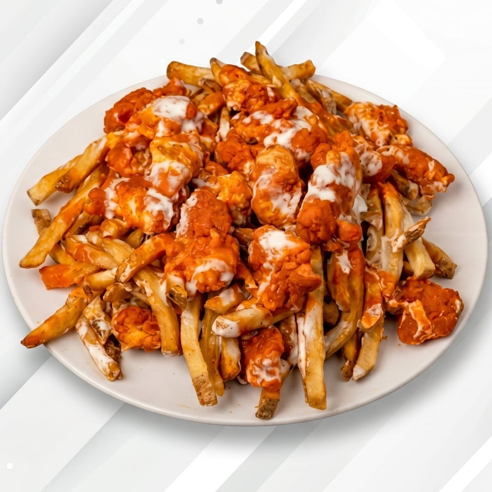 A white plate piled high with golden french fries and buffalo cauliflower bites drizzled with white sauce.