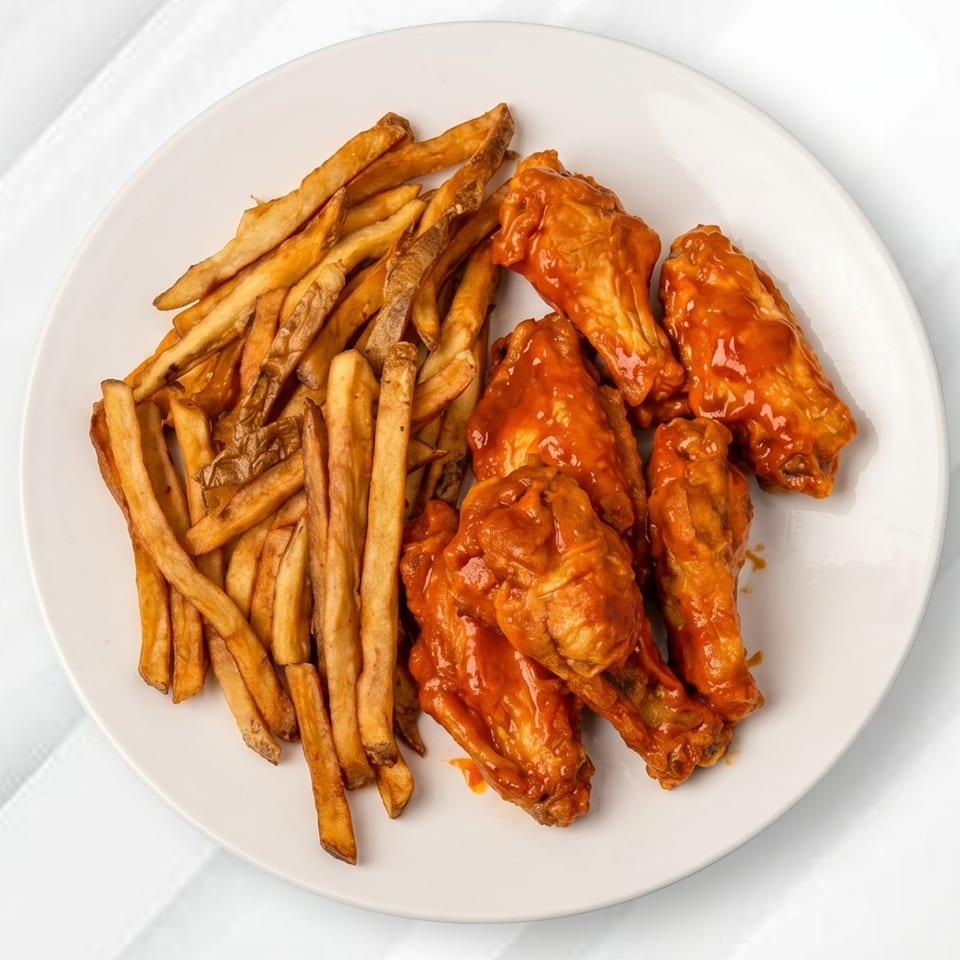 A white plate holds a serving of crispy french fries and buffalo chicken wings.