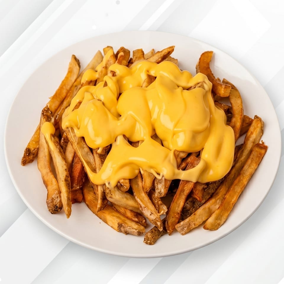 A white plate piled high with golden-brown french fries generously topped with melted yellow cheese sauce.